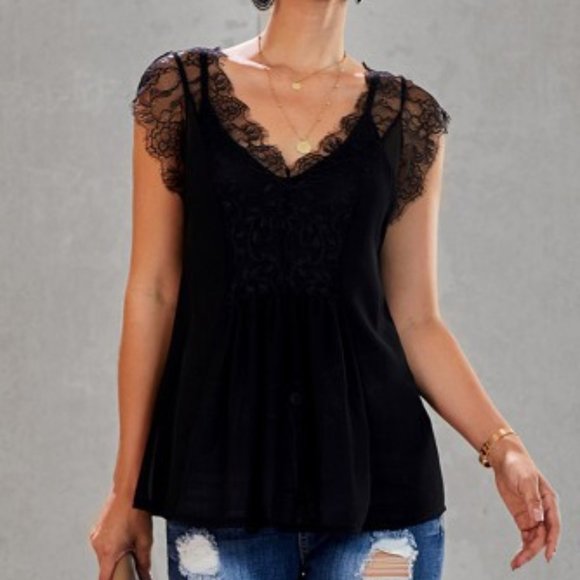 Tops - Lace Tank Top with Racerback Cami, Black